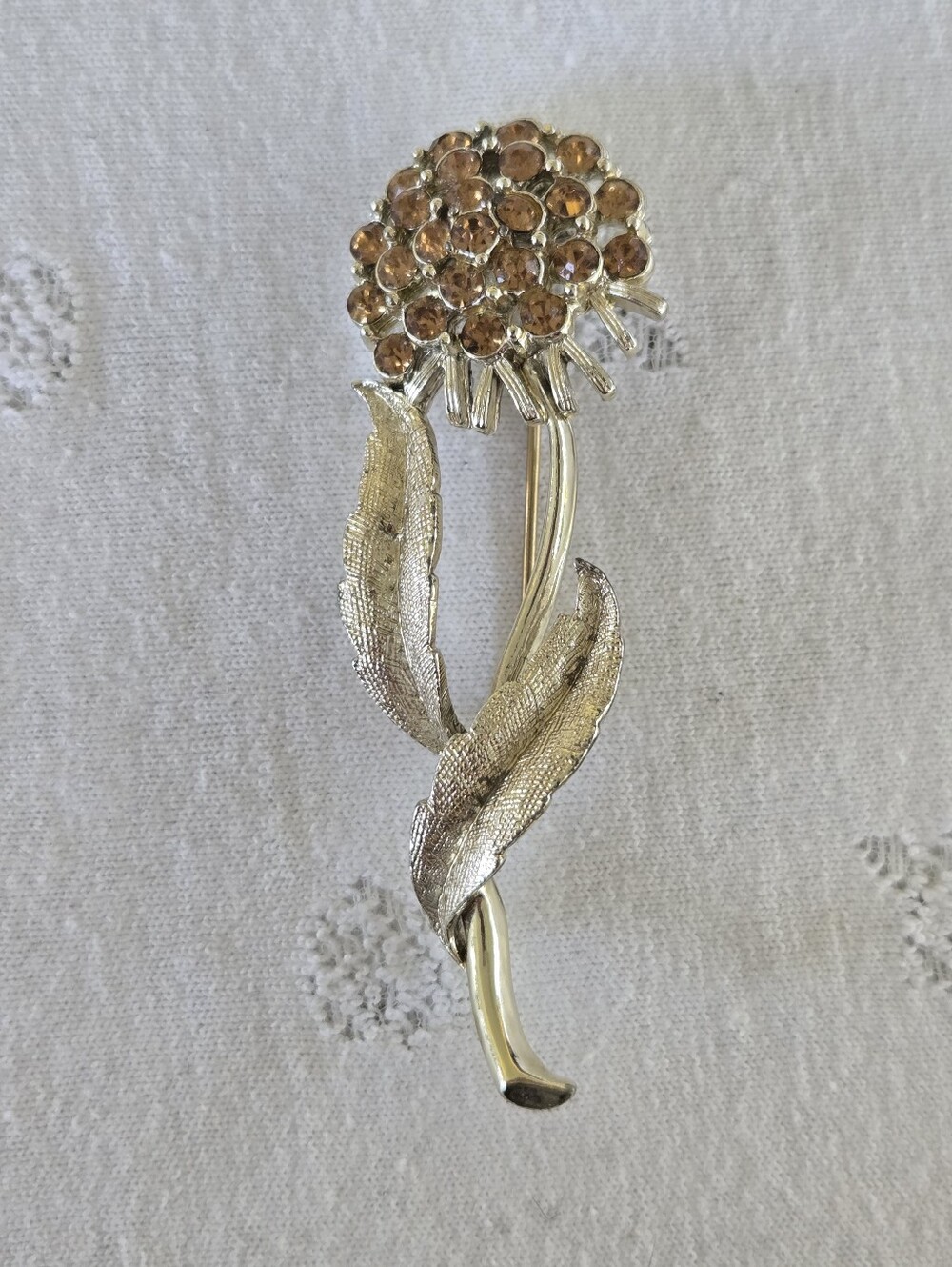 Silver-Tone Sunflower Floral Crystal Pin Brooch - Champagne Rhinestones Vintage